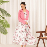2 Pcs Stylish Floral Print Maxi Dress With Pink Jacket