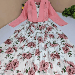 2 Pcs Stylish Floral Print Maxi Dress With Pink Jacket