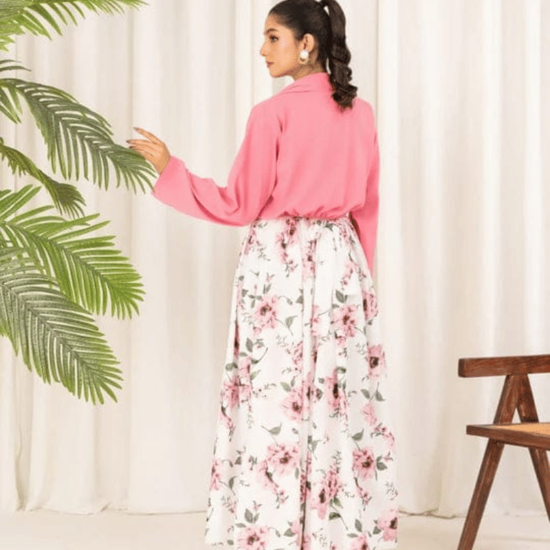 2 Pcs Stylish Floral Print Maxi Dress With Pink Jacket