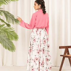 2 Pcs Stylish Floral Print Maxi Dress With Pink Jacket