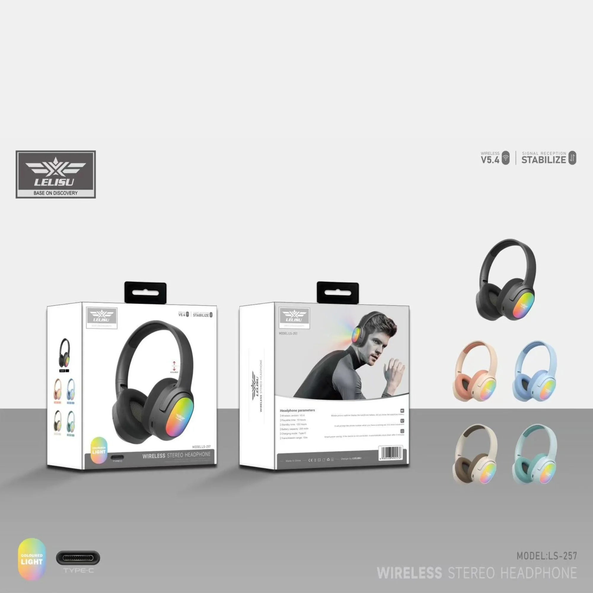 Lelisu LS-257 Wireless Stereo Headphones | Bluetooth 5.4 Over-Ear Headset with Type-C Charging & LED Lights